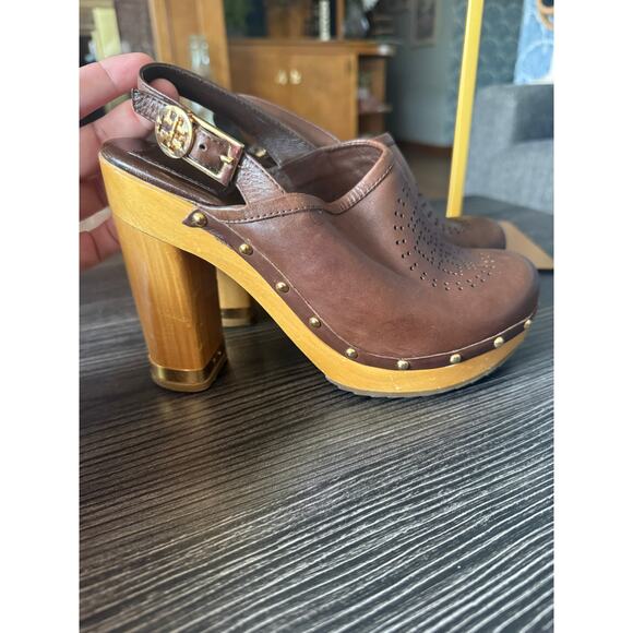 Tory Burch Brayden Brown Leather Logo Slingback Wood Clog Sz. 7 - Picture 1 of 8
